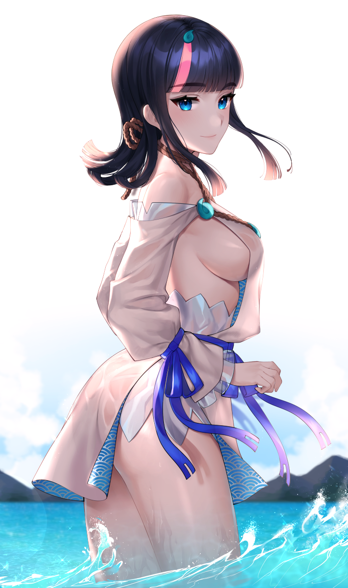 1girl, ass, backlighting, bare_shoulders, black_hair, blue_eyes, blue_ribbon, blunt_bangs