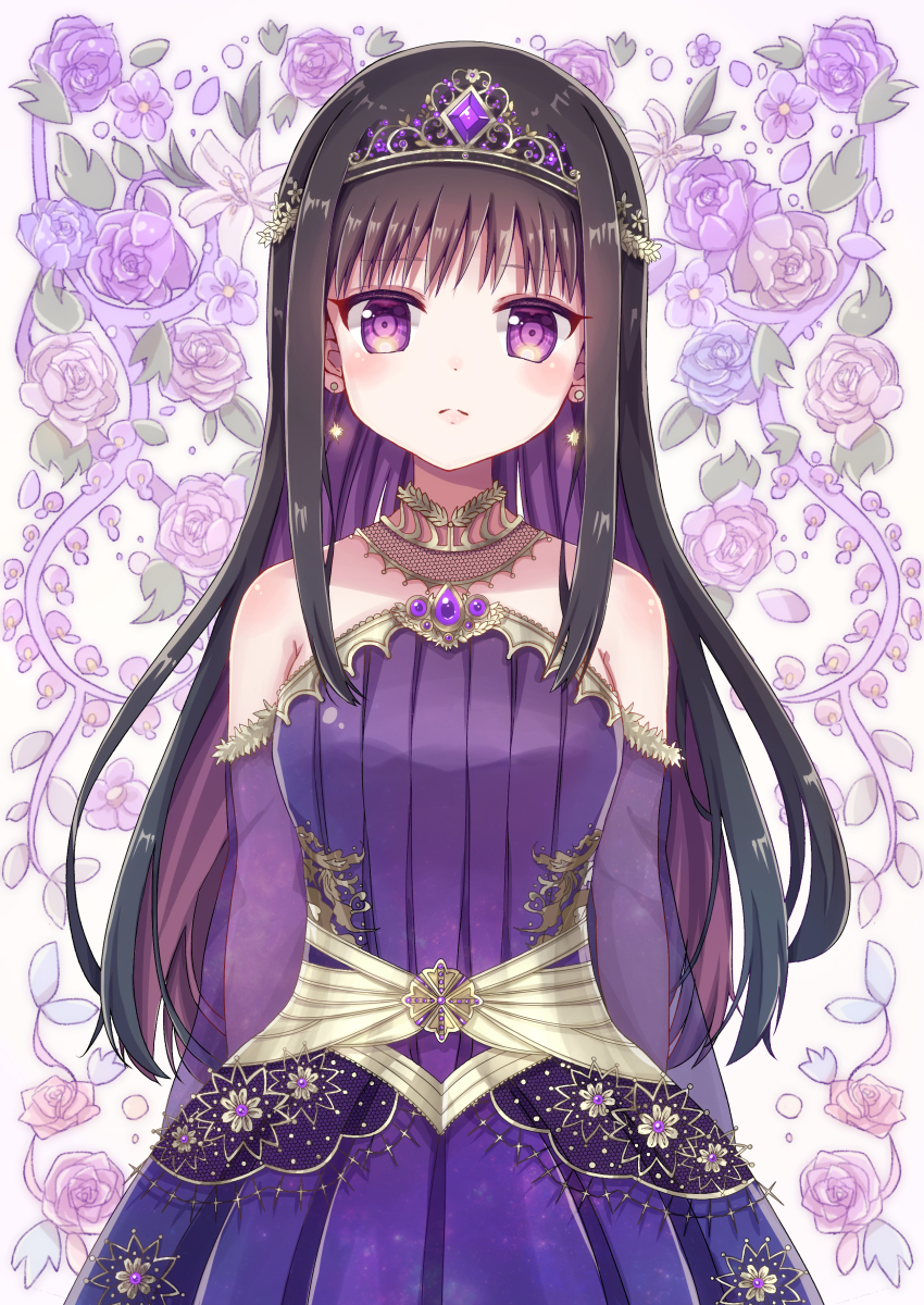 1girl, absurdres, akemi_homura, bara, black_hair, blush, dress, earrings