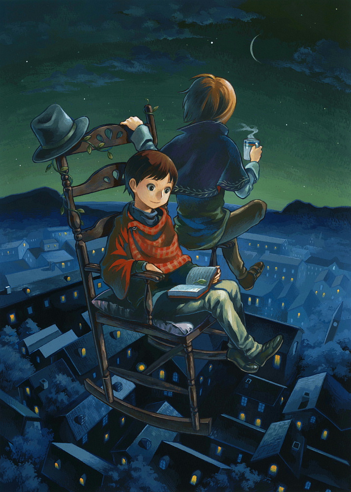 androgynous, brown_hair, chair, cowboy, cowboy_hat, cowboy_western, crescent_moon, floating