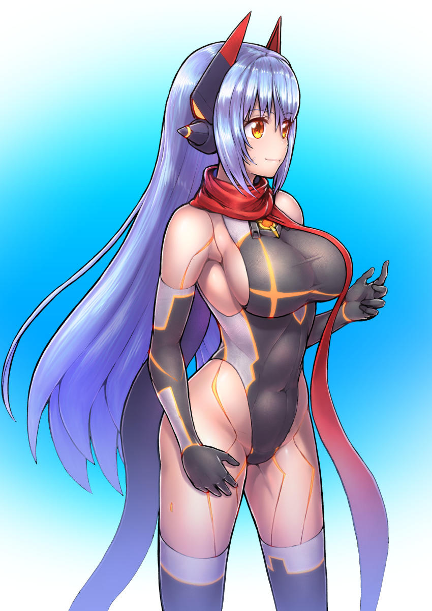 1girl, android, bare_shoulders, breasts, covered_navel, elbow_gloves, fukadumeasadume, gloves, hair_between_eyes, headgear, highleg, highleg_leotard, highres, joints, large_breasts, leotard, long_hair, nintendo, poppi_(xenoblade), poppi_qtpi_(xenoblade), purple_hair, red_scarf, robot_ears, robot_joints, scarf, sidelocks, skin_tight, smile, solo, swimsuit, thighhighs, xenoblade_chronicles_(series), xenoblade_chronicles_2, yellow_eyes