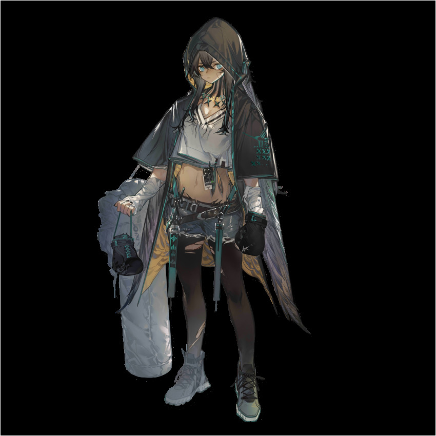 1girl, arknights, azling, bandages, belt, black_belt, black_gloves, black_hair