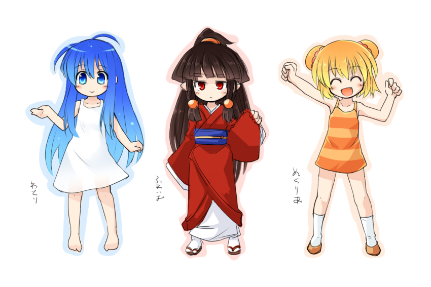 3girls, ass, black_hair, blonde_hair, blue_eyes, blue_hair, blush, child, dress, flame_iii, flat_chest, japanese_clothes, kimono, kso, long_hair, multiple_girls, nuclear_iii, open_mouth, original, red_eyes, sandals, shoes, short_hair, smile, socks, water_i