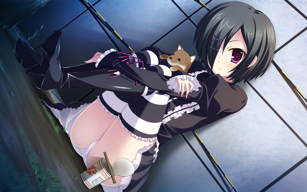 1girl, animal, baby_animal, black_boots, black_dress, black_hair, blush, boots, character_request, chopsticks, dog, dress, game_cg, goth_fashion, gothic_lolita, hair_ornament, hair_over_one_eye, hairclip, high_heel_boots, high_heels, hinata_mutsuki, instant_noodles, instant_ramen, knee_boots, loli, lolita_fashion, long_sleeves, looking_at_viewer, marginal_skip, panties, puffy_sleeves, puppy, purple_eyes, school_uniform, shoes, short_hair, striped_clothes, striped_thighhighs, thighhighs, underwear, upskirt, voyeurism, white_panties, white_thighhighs, x_hair_ornament