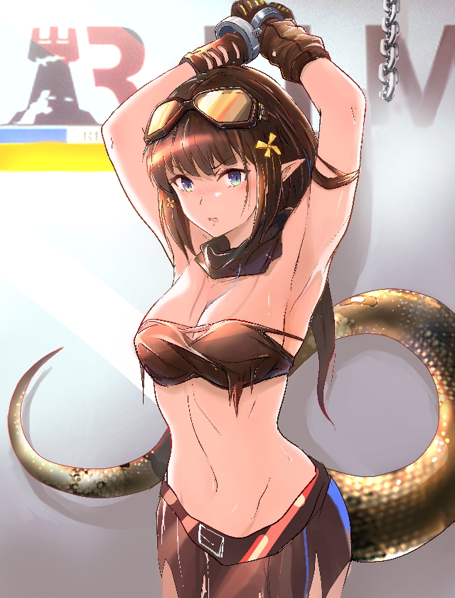 1girl, arknights, armpits, arms_up, bandeau, bare_arms, bare_shoulders, black_gloves