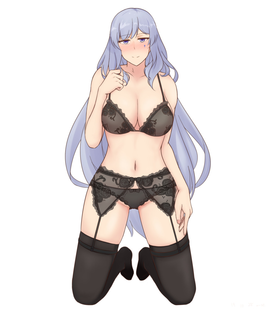 1girl, absurdres, black_bra, black_panties, black_ribbon, black_thighhighs, blue_eyes, blush, bow, bow_panties, bra, breasts, cleavage, commentary_request, diamond_(shape), facial_tattoo, garter_belt, twirling_hair, highres, jitome, kneeling, lace, lace-trimmed_bra, lace-trimmed_panties, lace_trim, large_breasts, lingerie, long_hair, looking_at_viewer, mosa331, navel, panties, playing_with_own_hair, ribbon, simple_background, skindentation, smile, solo, tattoo, thighhighs, underwear, underwear_only, very_long_hair, warship_girls_r, washington_(warship_girls_r), white_background