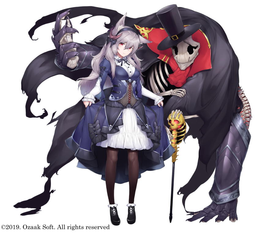 1girl, animal_ear_fluff, animal_ears, armor, black_bow, black_footwear, black_hairband, black_headwear, black_nails, black_ribbon, blush, bone, bow, cane, clawed_gauntlets, closed_mouth, corset, dabuki, fingernails, frilled_sleeves, frills, giant_gauntlets, glowing, green_hair, hair_between_eyes, hair_bow, hairband, hat, holding, holding_cane, kingdom_of_legion, long_hair, monster, nail_polish, red_eyes, red_neckwear, ribbon, ribs, simple_background, skeleton, skull, spine, standing, white_background