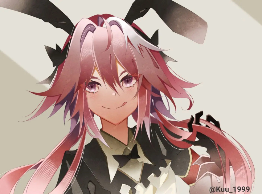 1boy, animal_ears, artist_name, astolfo_(fate), astolfo_(saber)_(fate), astolfo_(saber)_(third_ascension)_(fate), bad_id, bad_pixiv_id, black_bow, black_gloves, black_ribbon, bow, bowtie, closed_mouth, fate/grand_order, fate_(series), gloves, hair_between_eyes, hair_bow, hair_intakes, hair_ornament, hair_ribbon, happy, kuu_1999, long_hair, long_sleeves, looking_at_viewer, low_twintails, male_focus, multicolored_hair, pink_hair, purple_eyes, rabbit_ears, rabbit_hair_ornament, ribbon, simple_background, smile, solo, streaked_hair, thighhighs, tongue, tongue_out, trap, twintails, twitter_username, upper_body