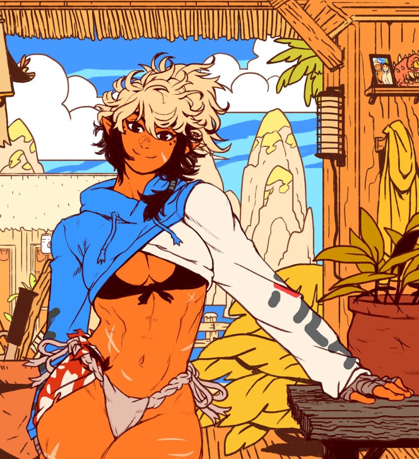 1girl, bad_id, bad_twitter_id, bikini, black_bikini, black_hair, blonde_hair, breasts