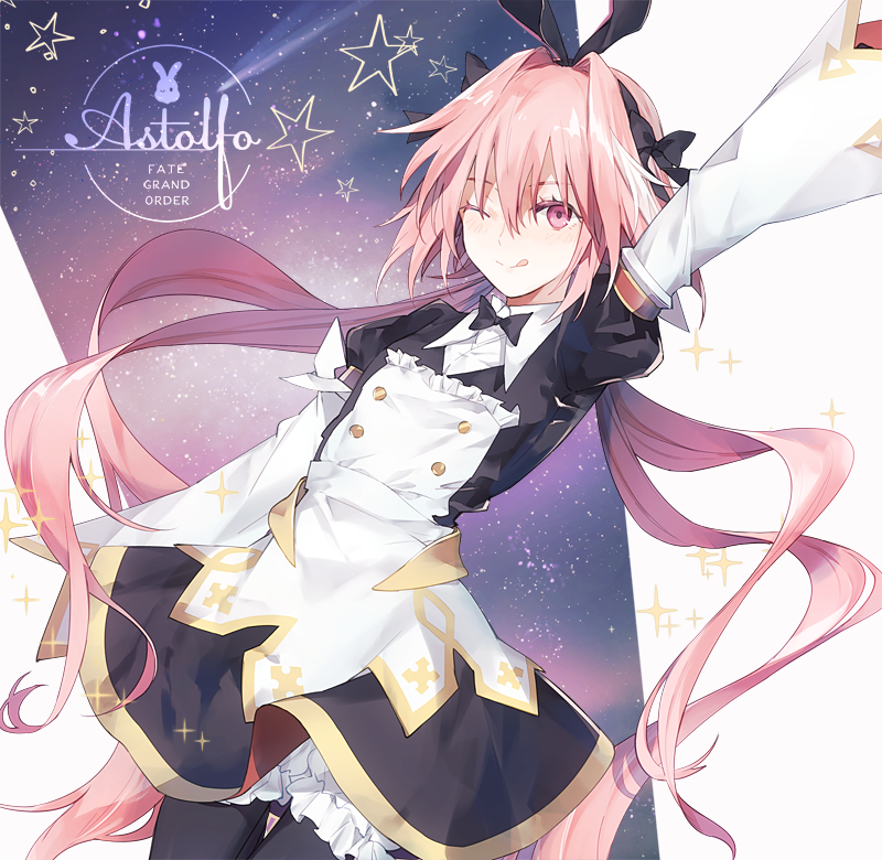 1boy, ;q, animal_ears, arm_at_side, arm_up, astolfo_(fate), astolfo_(saber)_(fate), astolfo_(saber)_(third_ascension)_(fate), bad_id, bad_pixiv_id, black_bow, black_gloves, black_ribbon, black_thighhighs, bloomers, bow, bowtie, character_name, commentary_request, copyright_name, crossdressing, crossdressing_(mtf), cursive, dress, fate/grand_order, fate_(series), gloves, hair_bow, hair_intakes, hair_ornament, hair_ribbon, happy, kamari_(kama_ri), long_hair, long_sleeves, looking_at_viewer, low_twintails, male_focus, multicolored_hair, multiple_hair_bows, one_eye_closed, open_mouth, pink_hair, puffy_sleeves, purple_eyes, rabbit_ears, rabbit_hair_ornament, ribbon, single_hair_streak, smile, solo, star_(symbol), streaked_hair, thighhighs, tongue, tongue_out, trap, twintails, underwear, white_hair