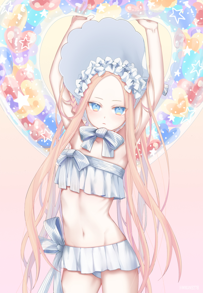 1girl, abigail_williams_(fate), abigail_williams_(swimsuit_foreigner)_(fate), abigail_williams_(swimsuit_foreigner)_(third_ascension)_(fate), armpits, arms_up, bare_shoulders, bikini