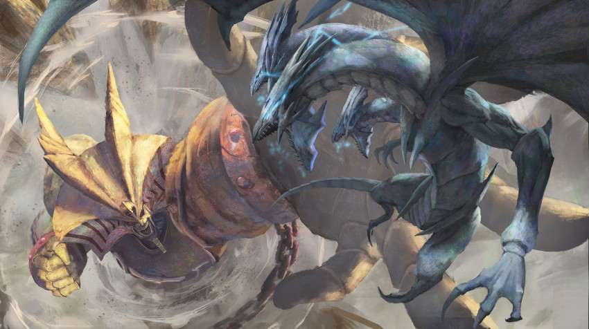 battle, blue-eyes_ultimate_dragon, blue_eyes, chain, claws, clenched_hand, crack, cuffs, dragon, duel_monster, dust, dust_cloud, epic, exodia_the_forbidden_one, flying, glowing, glowing_eyes, highres, joshua_raphael, multiple_heads, muscular, no_humans, open_mouth, outdoors, photoshop_(medium), reaching, reaching_towards_viewer, red_eyes, shackles, sharp_teeth, size_difference, talons, teeth, yu-gi-oh!