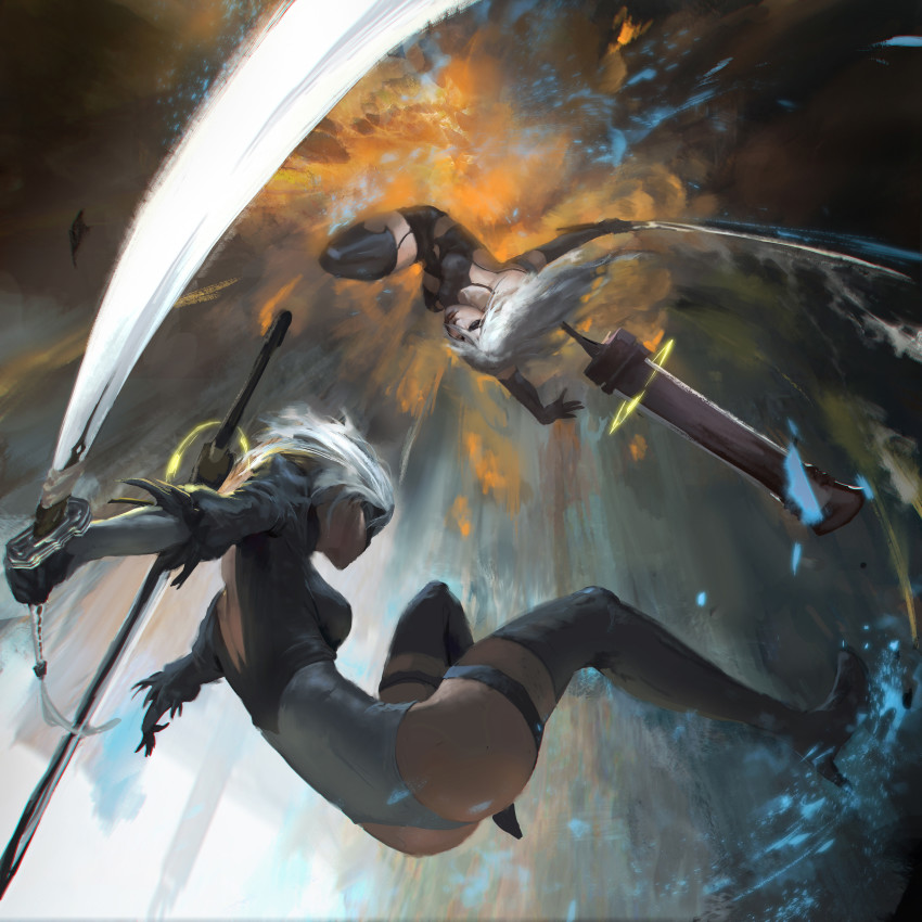 2b_(nier:automata), 2girls, a2_(nier:automata), absurdres, back_cutout, battle, black_footwear, black_gloves, black_legwear, blindfold, boots, clothing_cutout, elbow_gloves, explosion, falling, feather_trim, floating, floating_object, floating_sword, floating_weapon, gloves, grey_eyes, high_heel_boots, high_heels, highres, holding, holding_sword, holding_weapon, joshua_raphael, katana, leotard, long_hair, multiple_girls, nier:automata, nier_(series), outdoors, puffy_sleeves, short_hair, sword, thigh_boots, thighhighs, weapon, weapon_on_back