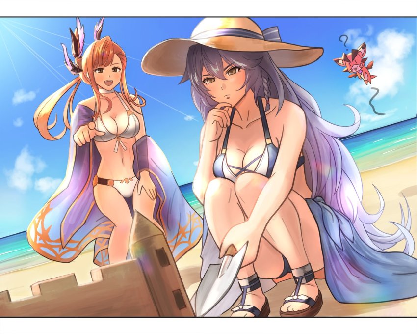 2girls, :d, ?, bare_shoulders, beach, bikini, blue_one-piece_swimsuit, blue_sarong