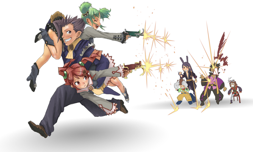 00s, 3girls, 4boys, animal_ears, bag, black_eyes, black_hair, boots