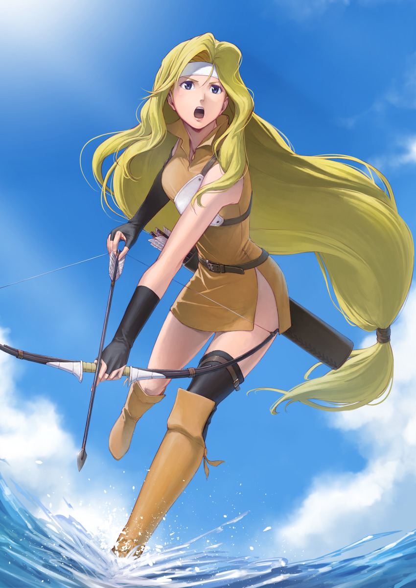 1girl, absurdres, arrow_(projectile), bare_shoulders, belt, blonde_hair, blue_eyes, boots