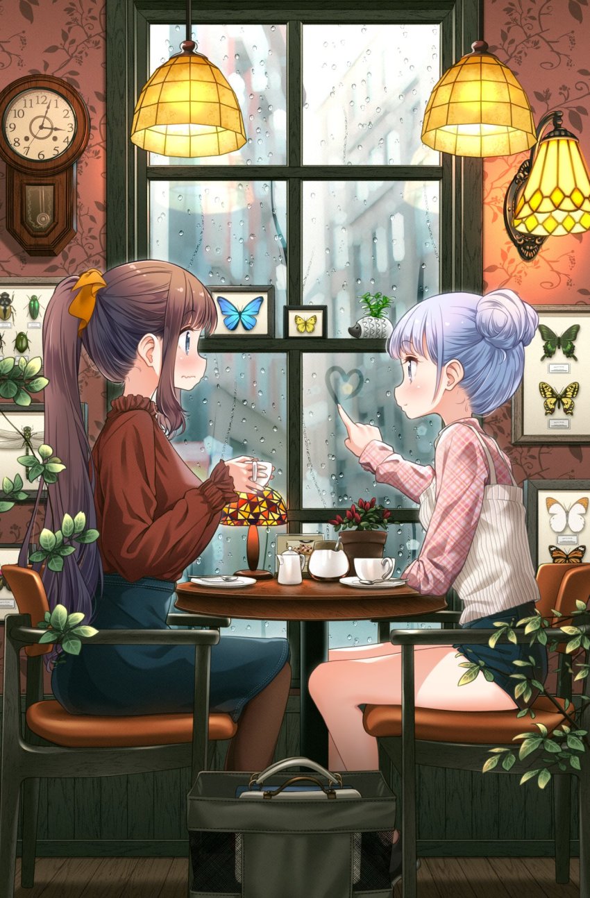 2girls, alternate_hairstyle, analog_clock, animal_request, bag, beetle, blouse, blue_eyes, blunt_bangs, blush, breasts, brown_hair, bug, butterfly, cafe, chair, clock, commentary, cup, double_bun, embarrassed, fashion, flower, flower_pot, flower_request, framed_insect, frilled_sleeves, frills, from_side, glass_writing, hair_bun, hair_ornament, hair_scrunchie, heart, highres, holding, holding_cup, indoors, insect, lamp, large_breasts, long_hair, long_sleeves, multiple_girls, new_game!, official_art, picture_frame, plant, plant_request, ponytail, potted_plant, purple_eyes, purple_hair, rain, saucer, scrunchie, shirt, shoes, short_shorts, shorts, sidelocks, sideways_mouth, sitting, skirt, smile, sugar_bowl, suzukaze_aoba, table, takimoto_hifumi, tea_set, teacup, teaspoon, thighhighs, tokunou_shoutarou, very_long_hair, wall_clock, water_drop, wavy_mouth, window