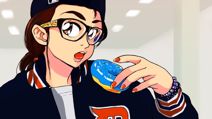 1girl, backwards_hat, baseball_cap, bead_bracelet, beads, bracelet, brown_eyes, brown_hair