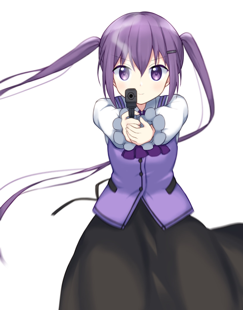 1girl, absurdres, aiming, aiming_at_viewer, black_skirt, closed_mouth, firing, firing_at_viewer