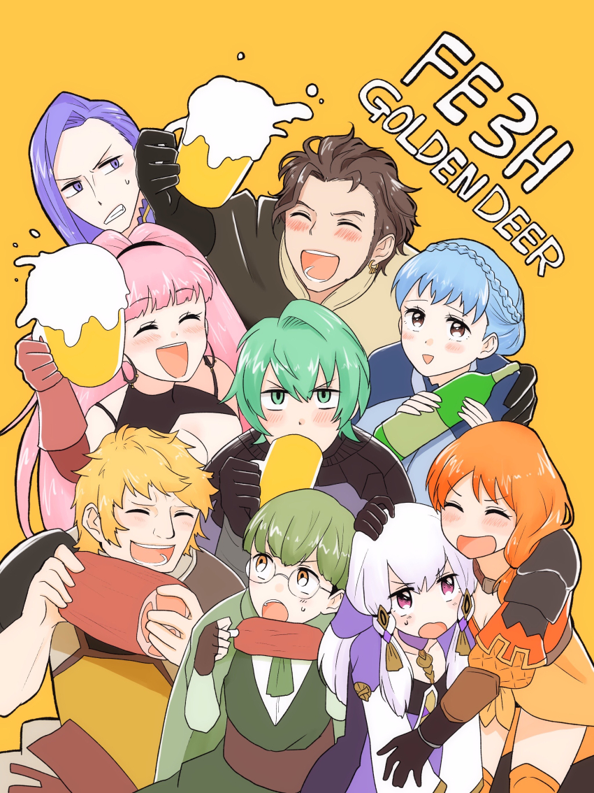 4girls, 5boys, absurdres, alcohol, armor, beer, beer_mug, black_armor