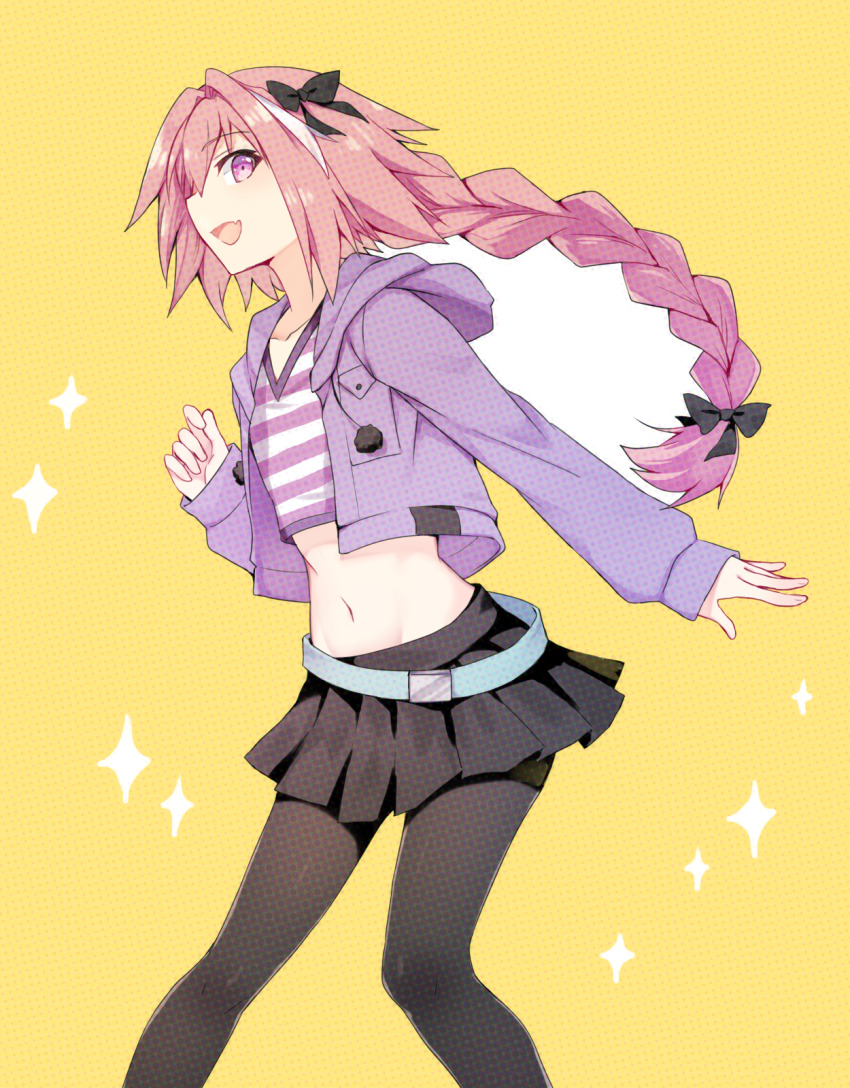 1boy, astolfo_(fate), belt, black_bow, black_pantyhose, blue_belt, bow, braid