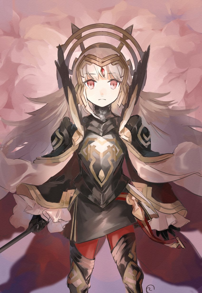 1girl, armor, black_gloves, cape, closed_mouth, fire_emblem, fire_emblem_heroes, gloves, grey_hair, hair_ornament, highres, holding, hukashin, long_hair, long_sleeves, nintendo, red_eyes, red_legwear, solo, veronica_(brave_princess)_(fire_emblem), veronica_(fire_emblem)
