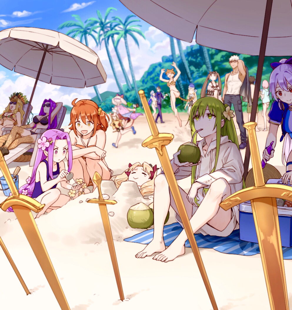 3boys, 6+girls, abigail_williams_(fate), abigail_williams_(swimsuit_foreigner)_(fate), abigail_williams_(swimsuit_foreigner)_(third_ascension)_(fate), archer_(fate), archer_(summer_casual)_(fate), barefoot