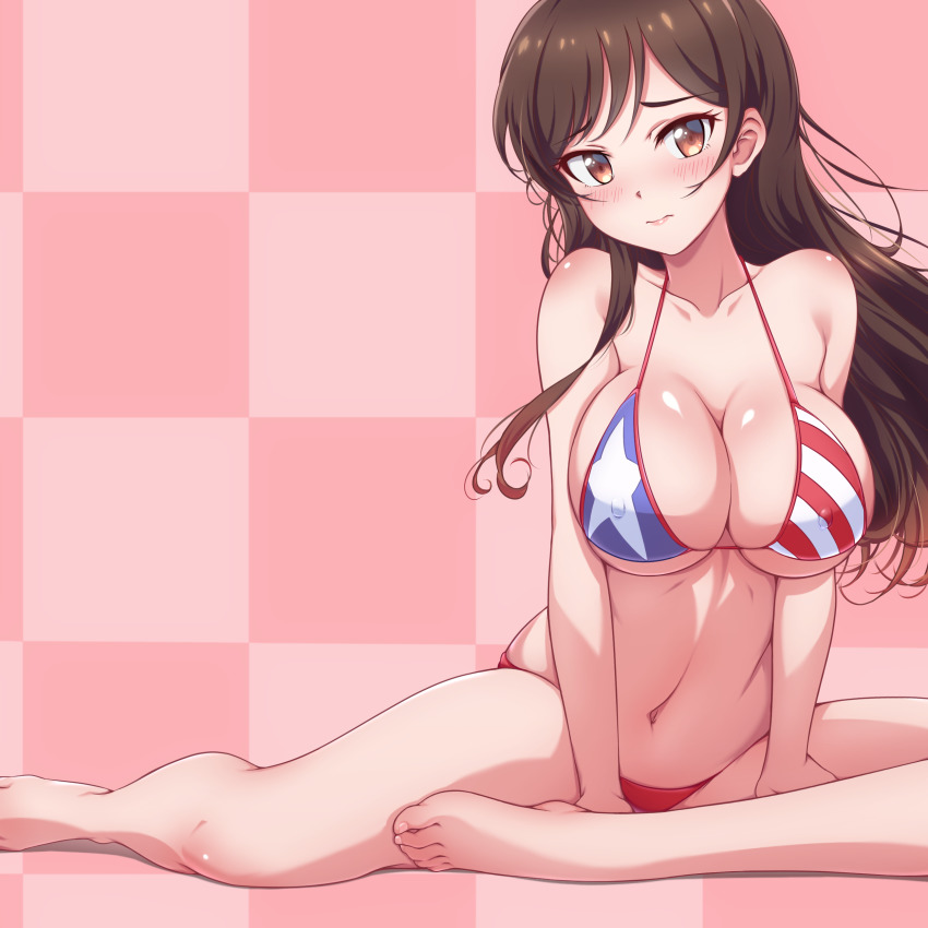 1girl, absurdres, american_flag, american_flag_bikini, american_flag_print, barefoot, bikini, blush, breasts, brown_eyes, brown_hair, checkered_background, cleavage, covered_erect_nipples, flag_print, flag_print_bikini, highres, kanojo_okarishimasu, large_breasts, long_hair, mizuhara_chizuru, navel, p-nekoe, pink_background, print_bikini, swimsuit, underboob