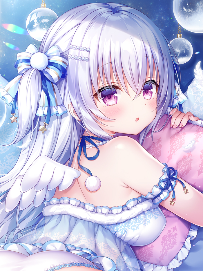 1girl, :o, angel, angel_wings, arm_garter, blush, breasts, commentary_request