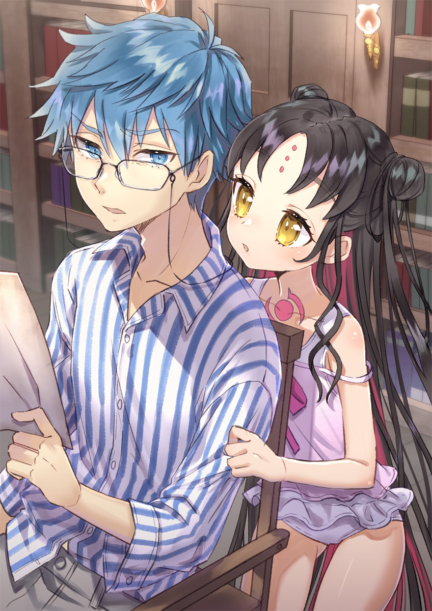 1boy, 1girl, 90kyuuri, :o, black_hair, blue_eyes, blue_hair, buttons
