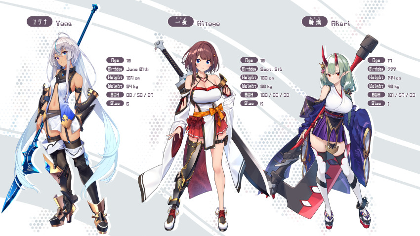 3girls, absurdres, ahoge, akari_(baffu), arm_strap, armor, asymmetrical_legwear, axe