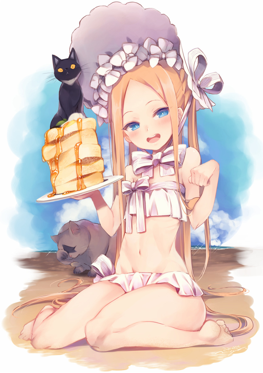 1girl, abigail_williams_(fate), abigail_williams_(swimsuit_foreigner)_(fate), abigail_williams_(swimsuit_foreigner)_(third_ascension)_(fate), bare_shoulders, beach, bikini, black_cat