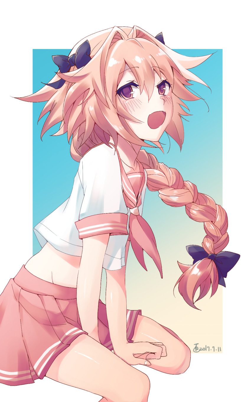 1boy, astolfo_(fate), astolfo_(sailor_paladin)_(fate), black_bow, bow, braid, eyebrows, fate/apocrypha, fate/grand_order, fate_(series), hair_intakes, highres, long_braid, long_hair, looking_at_viewer, male_focus, meron_fly, midriff, multicolored_hair, navel, neckerchief, official_alternate_costume, open_mouth, pink_hair, pink_skirt, pleated_skirt, purple_eyes, red_sailor_collar, sailor_collar, school_uniform, serafuku, shirt, short_sleeves, signature, simple_background, single_braid, skirt, solo, streaked_hair, trap, white_hair, white_legwear, white_shirt