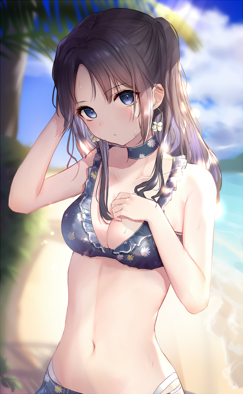 1girl, bare_shoulders, beach, bikini, black_hair, blue_bikini, blue_eyes, blurry, breasts, choker, cleavage, day, depth_of_field, earrings, frilled_bikini, frills, hand_up, highres, idolmaster, idolmaster_shiny_colors, jewelry, long_hair, looking_at_viewer, medium_breasts, mitsumine_yuika, navel, one_side_up, outdoors, solo, stomach, sunlight, swimsuit, upper_body, yanagi_(hgkaikai)