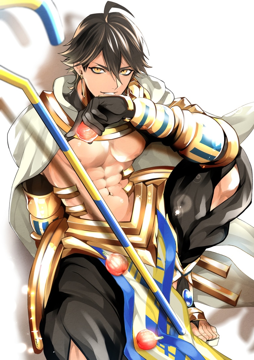 1boy, abs, ahoge, ancient_egyptian, ancient_egyptian_clothes, bare_pectorals, black_gloves, brown_hair