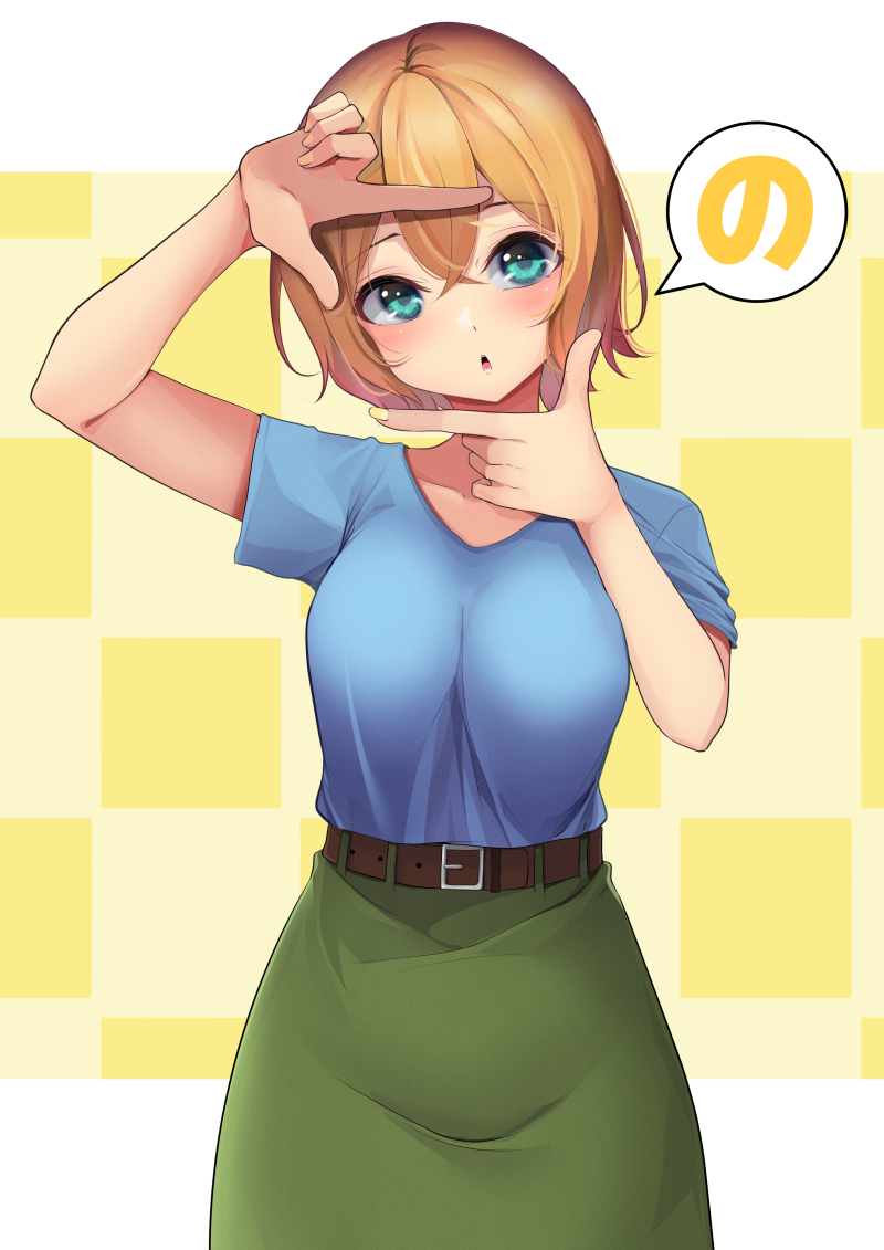 1girl, belt, blonde_hair, blue_eyes, blue_shirt, blush, checkered_background, chestnut_mouth