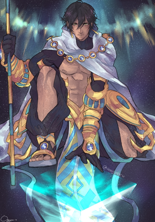 1boy, abs, ahoge, ancient_egyptian, ancient_egyptian_clothes, artist_name, bare_pectorals, black_gloves