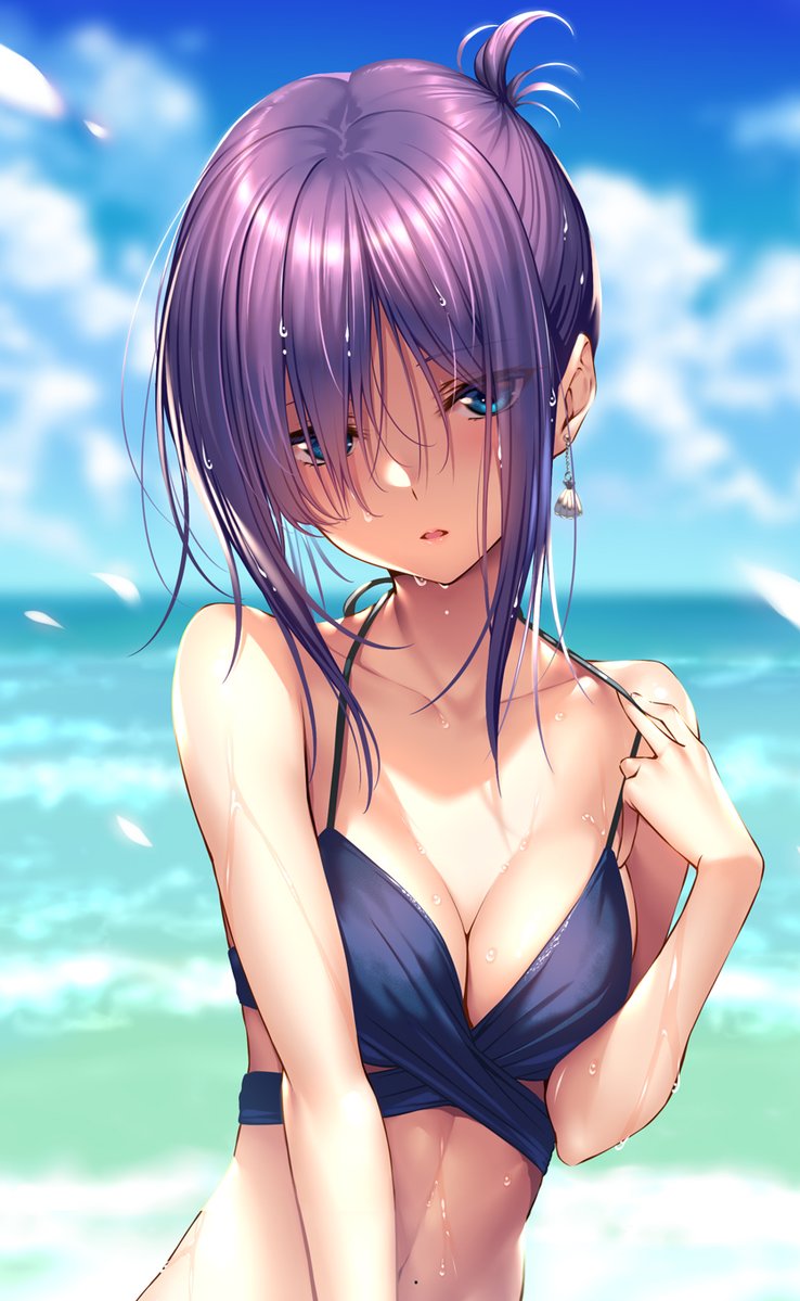 1girl, :o, beach, bikini, bikini_tug, blue_bikini, blue_eyes, blush
