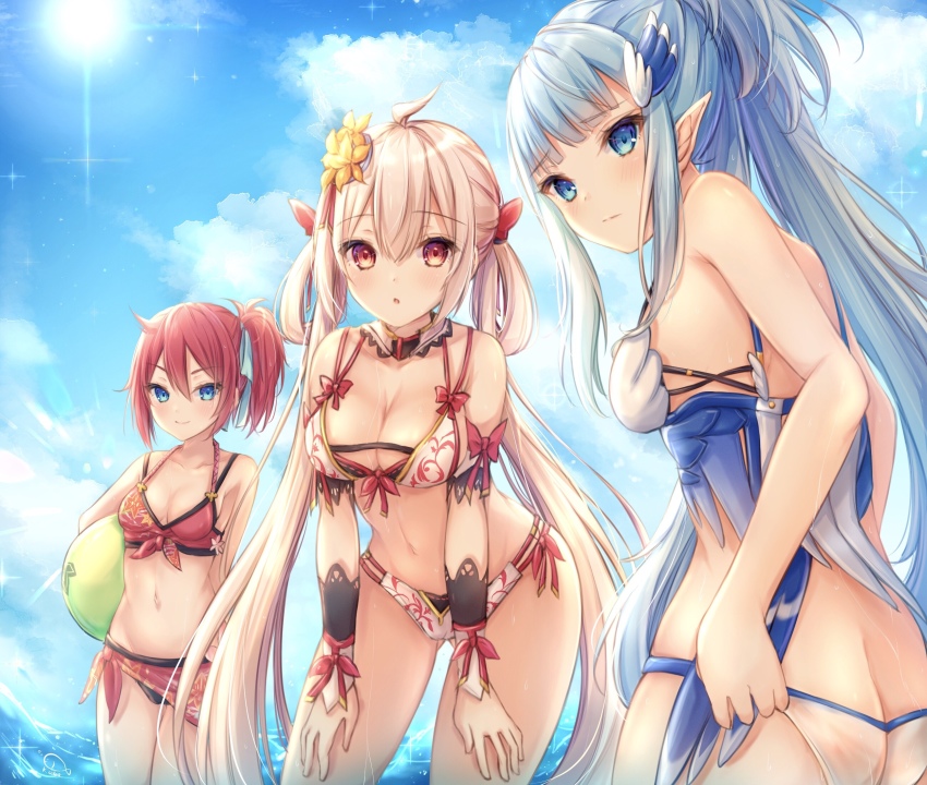 >:), 3girls, :o, ahoge, ass, ball, bare_arms, bare_shoulders
