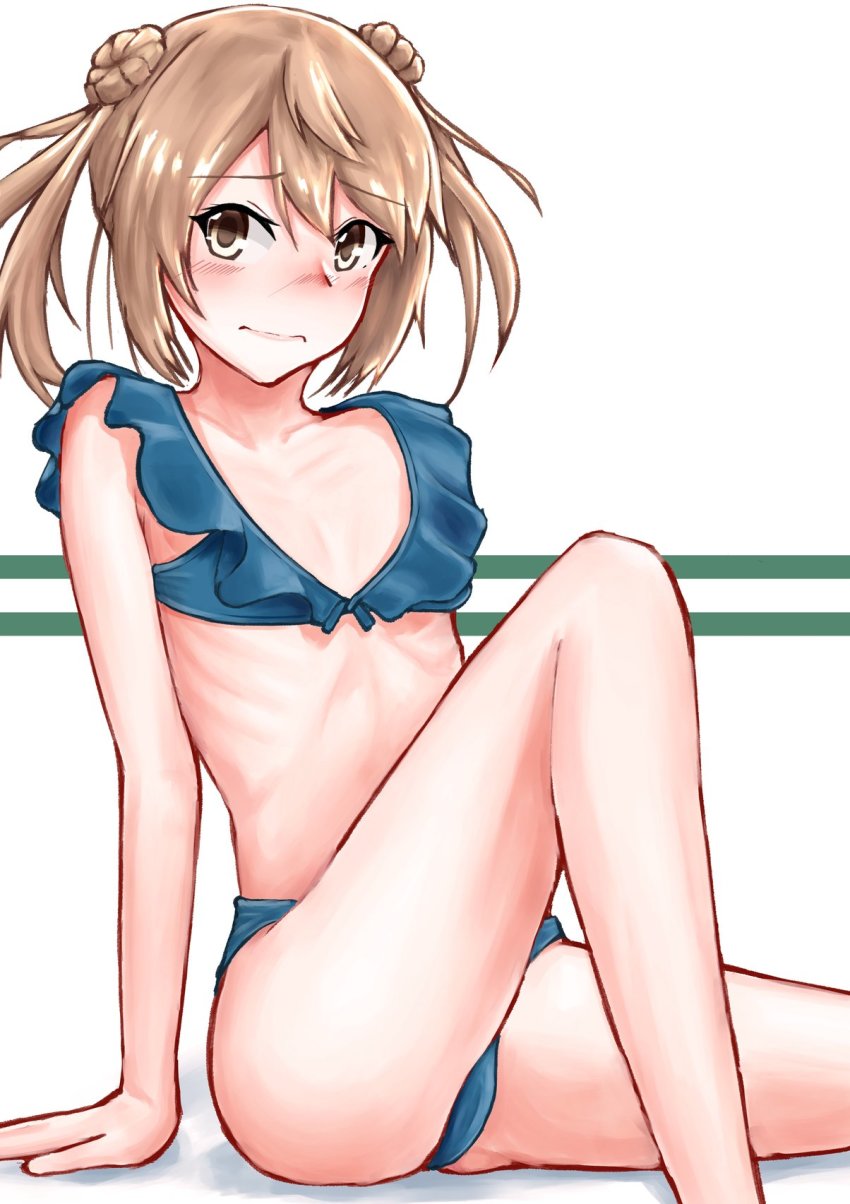 1girl, bikini, commentary_request, double_bun, feet_out_of_frame, flat_chest, frilled_bikini, frills, green_bikini, hair_bun, highres, kantai_collection, light_brown_hair, looking_at_viewer, michishio_(kancolle), owada_(kousonhuchi), short_twintails, sitting, solo, swimsuit, twintails, two-tone_background, white_background, yellow_eyes