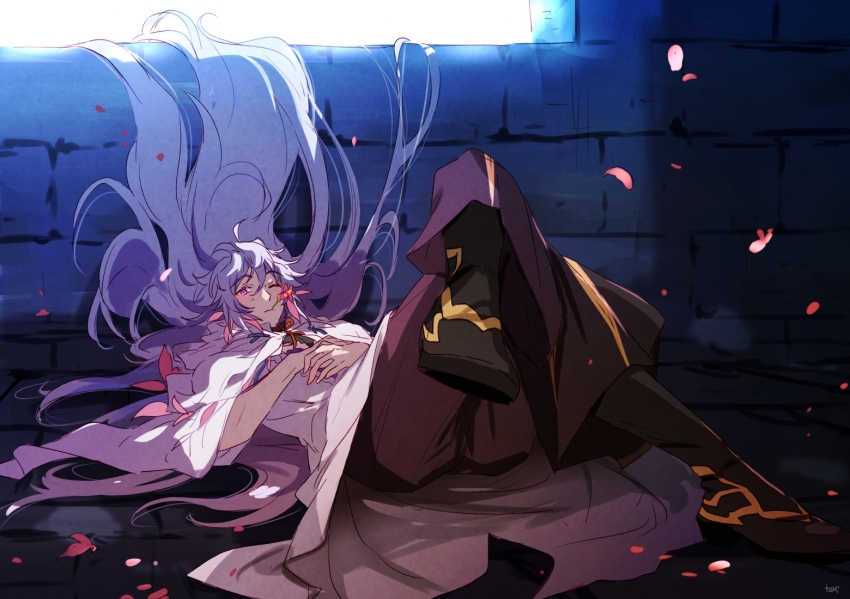 1boy, ahoge, bishounen, black_pants, center_frills, fate/grand_order, fate_(series), flower, flower_knot, frills, full_body, hair_between_eyes, hair_ornament, heeparang, hood, hood_down, hooded_robe, long_hair, long_sleeves, looking_at_viewer, lying, male_focus, merlin_(fate), multicolored_hair, on_back, one_eye_closed, pants, petals, pink_ribbon, purple_eyes, ribbon, robe, signature, solo, tassel, turtleneck, two-tone_hair, very_long_hair, white_hair, white_robe, wide_sleeves