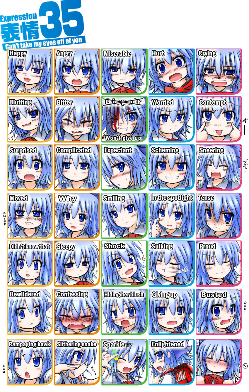 backpack, bag, blue_eyes, blue_hair, chart, cirno, multiple_expressions, gobaku_arashi