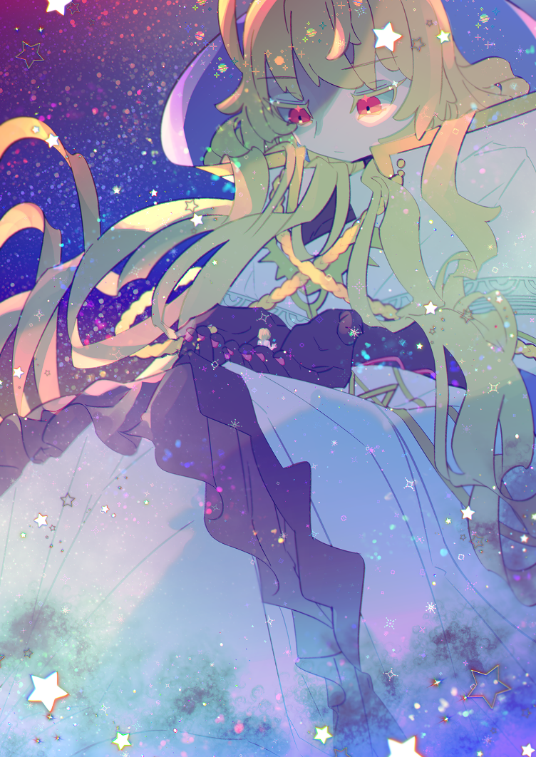 1boy, 1girl, absurdly_long_hair, blonde_hair, colored_skin, commentary_request, expressionless, father_and_child, father_and_daughter, frills, giant, gold_trim, khvarenah, kokubyaku_no_avesta, long_hair, looking_at_another, medium_hair, neko_nadehoudai, nude, own_hands_together, parent_and_child, quinn_(kokubyaku_no_avesta), red_eyes, shinza_bansho_series, sitting, sitting_on_hand, size_difference, star_(sky), star_(symbol), very_long_hair, white_skin