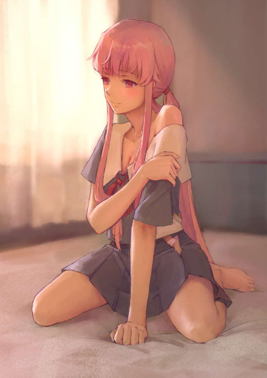 1girl, barefoot, blue_shirt, blue_skirt, blurry, blurry_background, blush, breasts, cleavage, closed_mouth, collarbone, full_body, gasai_yuno, hair_ornament, highres, indoors, long_hair, miniskirt, mirai_nikki, neck_ribbon, off_shoulder, open_clothes, open_skirt, panties, panty_peek, pink_hair, pleated_skirt, red_eyes, red_ribbon, ribbon, school_uniform, shirt, short_sleeves, sitting, skirt, small_breasts, smile, solo, twintails, underwear, very_long_hair, viscum, wariza