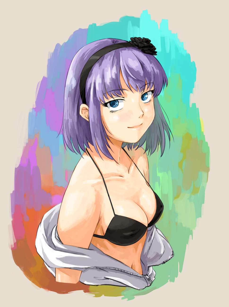 1girl, bad_id, bad_pixiv_id, blue_eyes, bra, breasts, cleavage, closed_mouth, dagashi_kashi, flower, hair_flower, hair_ornament, hairband, highres, looking_at_viewer, medium_breasts, purple_hair, remon99, ringed_eyes, shidare_hotaru, short_hair, smile, solo, underwear