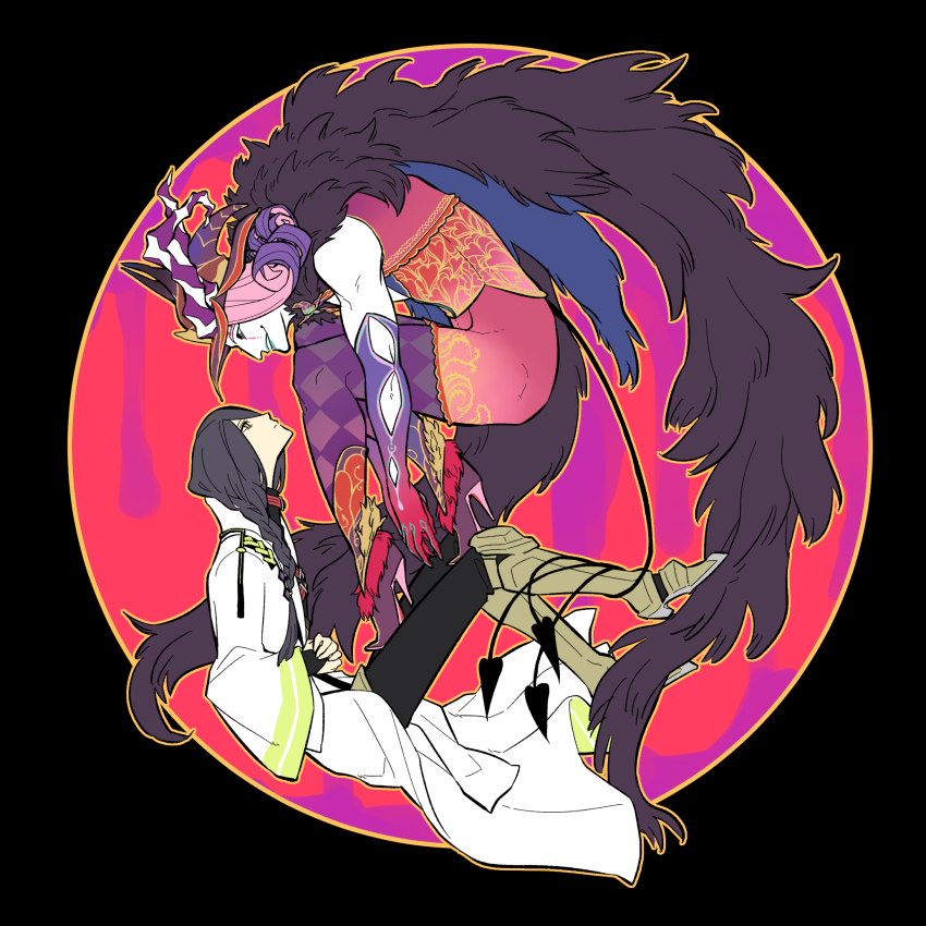 2boys, argyle_clothes, argyle_legwear, black_hair, blue_eyes, blue_lips, cape, center_opening