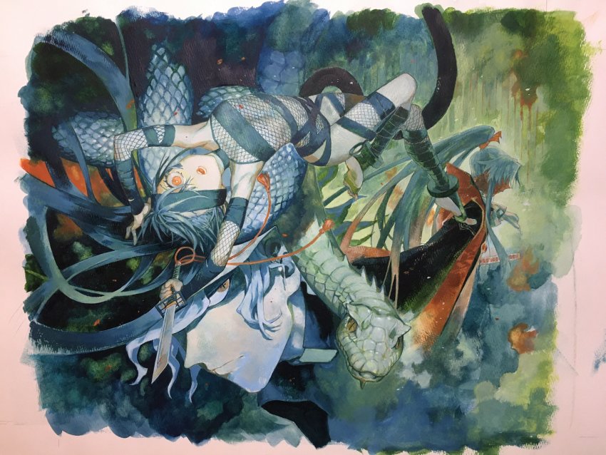 1girl, 2boys, amakusa_shirou_(fate), amakusa_shirou_(third_ascension)_(fate), black_hair, bodystocking, dark-skinned_male, dark_skin, edmond_dantes_(fate), eyepatch, fate/grand_order, fate_(series), fishnet_bodystocking, fishnets, hat, highres, long_hair, mochizuki_chiyome_(fate), mochizuki_chiyome_(first_ascension)_(fate), multiple_boys, ninjatou, ponytail, red_eyes, short_sword, snake, sword, symbol-shaped_pupils, traditional_media, wataru_rei, weapon, white_hair, yellow_eyes