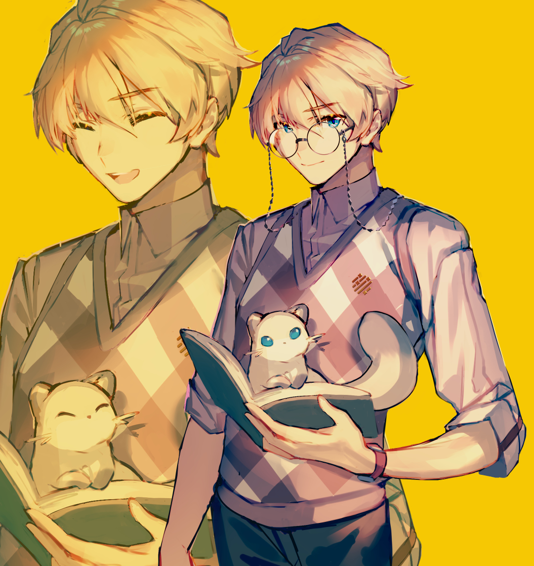 1boy, ^_^, animal, argyle_clothes, argyle_sweater_vest, blonde_hair, blouse, blue_eyes, book, closed_eyes, closed_mouth, collared_shirt, eyewear_strap, ferret, glasses, hiyamaru, holding, holding_book, holostars, hypnosis_mic, kishido_temma, looking_at_viewer, male_focus, mebaru, multiple_views, open_mouth, shirt, short_hair, simple_background, smile, standing, sweater_vest, tail, tsutsujimori_rosho, vest, virtual_youtuber, watch, white_shirt, wristwatch, yellow_background