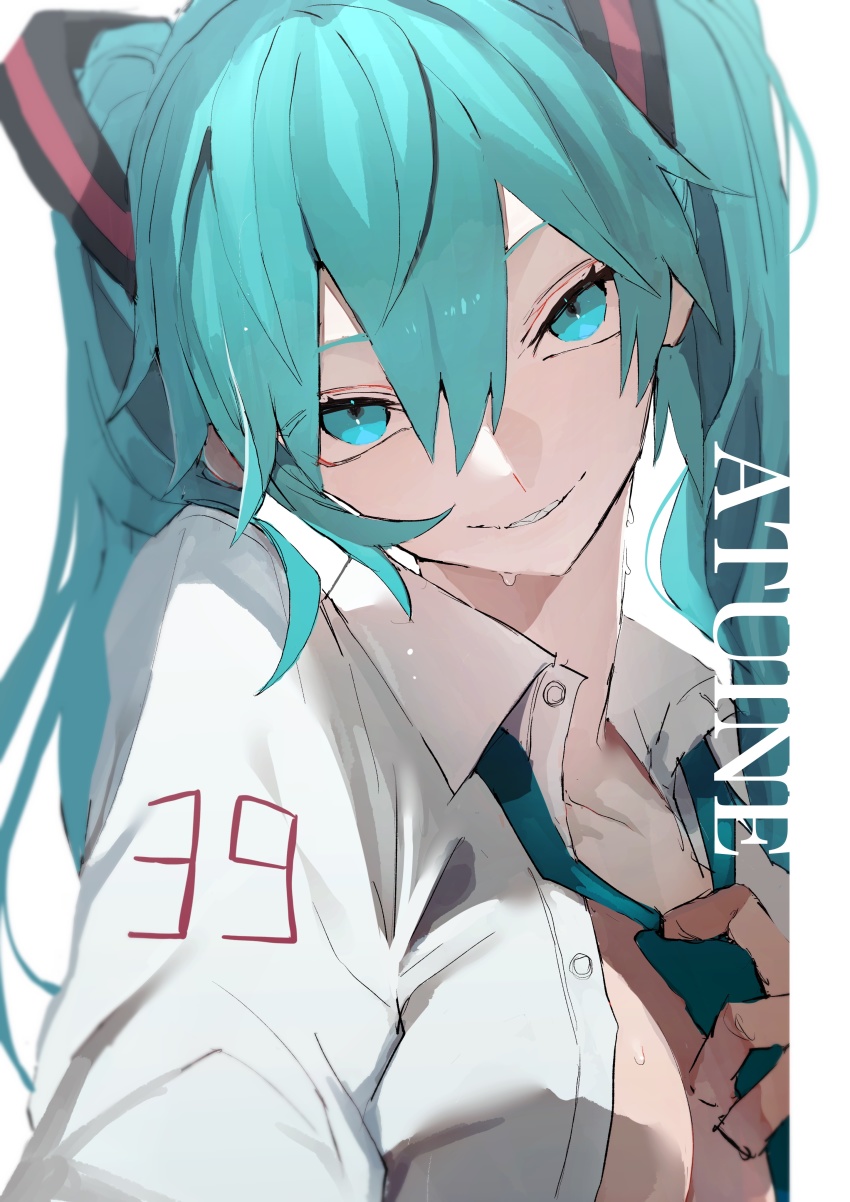 1girl, 39, absurdres, aqua_eyes, aqua_hair, aqua_necktie, breasts, cleavage, grin, hair_ornament, hatsune_miku, head_tilt, highres, long_hair, looking_at_viewer, necktie, open_clothes, open_shirt, sakusya2honda, sharp_teeth, shirt, smile, solo, sweat, teeth, twintails, upper_body, vocaloid, white_shirt