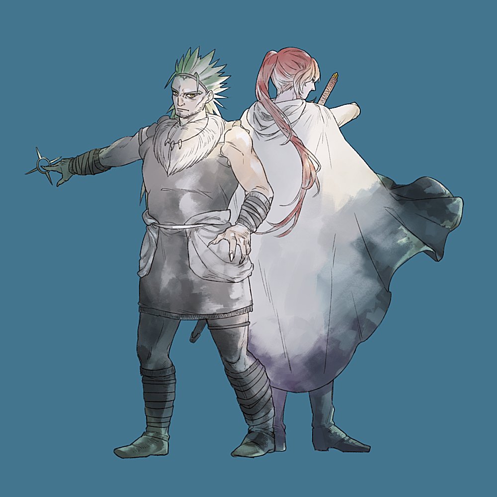 2boys, back-to-back, boots, brothers, cape, colored_skin, fur, fur_trim