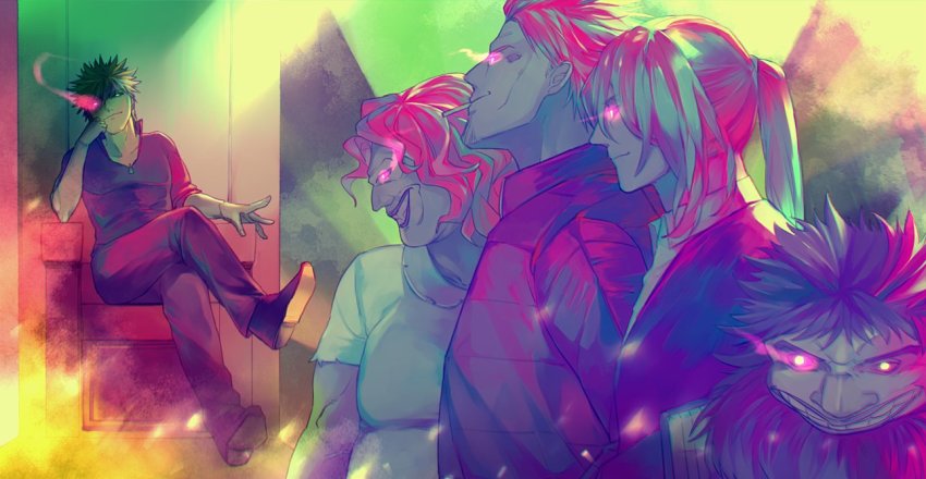 5boys, beard, cigarette, colored_skin, evil_smile, facial_hair, gannen_harst, glalda